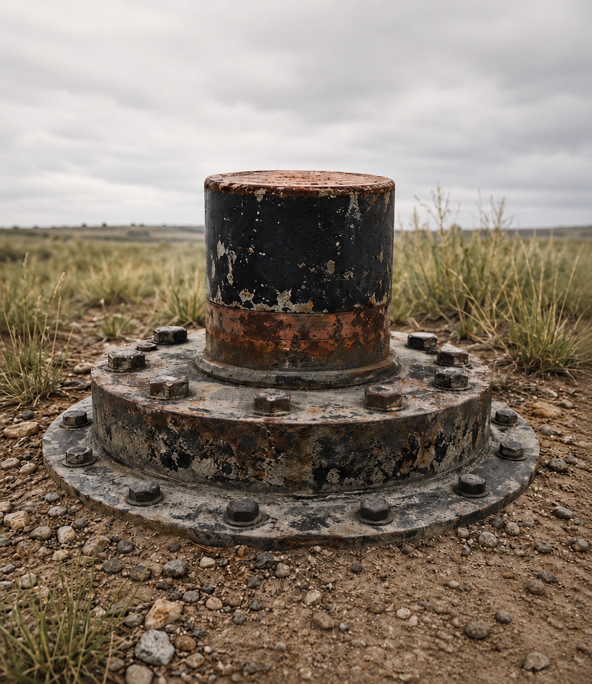 Weathered permanent well cap secured with bolts in an open prairie landscape beneath a cloudy sky.
